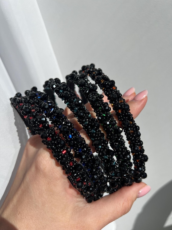 Hand Made Embellished Black Headband with Multicolor Beads Amazon.com : Bohemian Multicolor Beaded Headband  main image 3