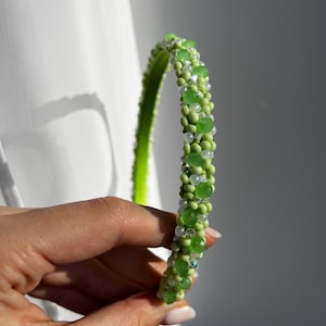 Green and White Beaded Headband | Elegant Hair Accessory