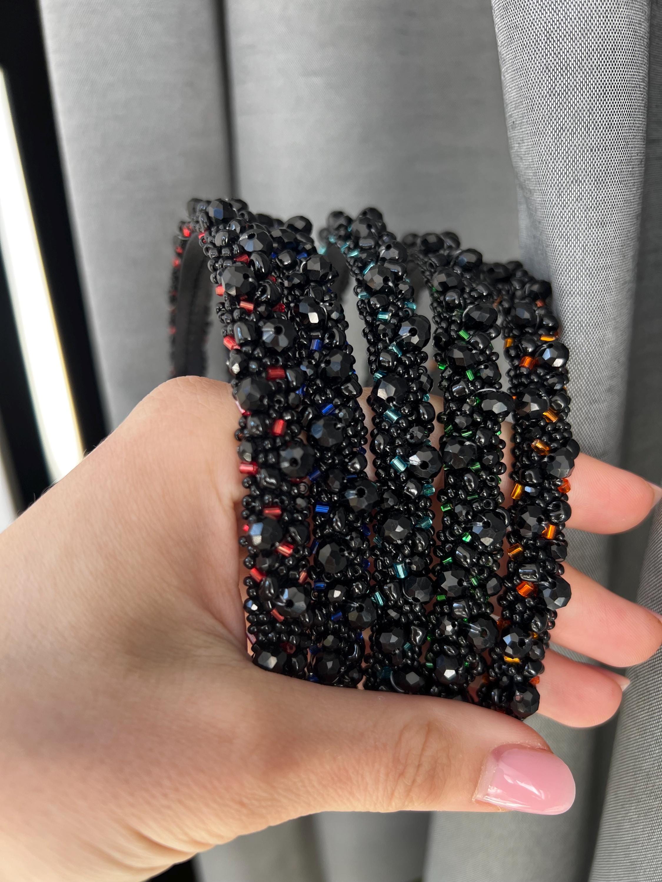 Hand Made Embellished Black Headband with Multicolor Beads Black Beaded Headband – Blume main image 3