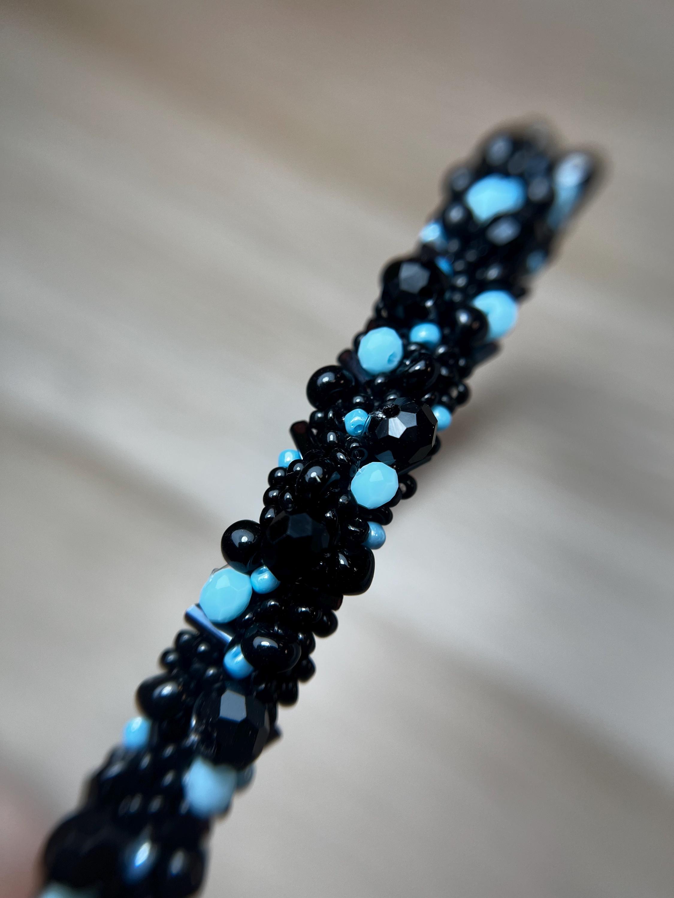 Black and Light Blue Beaded Headband | Handmade Elegant Hair  display picture 1