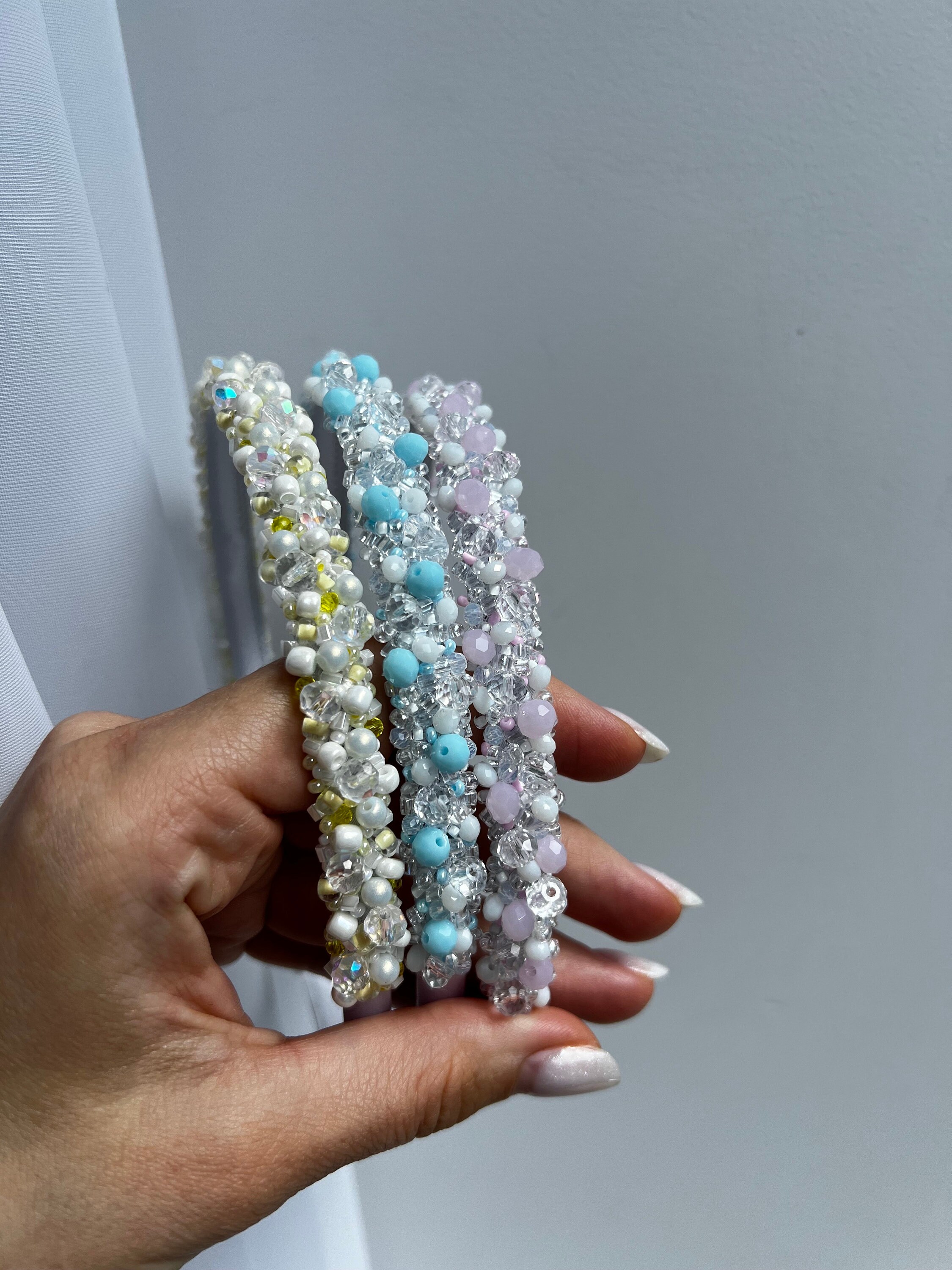 Sky Blue Crystal Beaded Headband: Embroidered Summer Hair  display picture 3