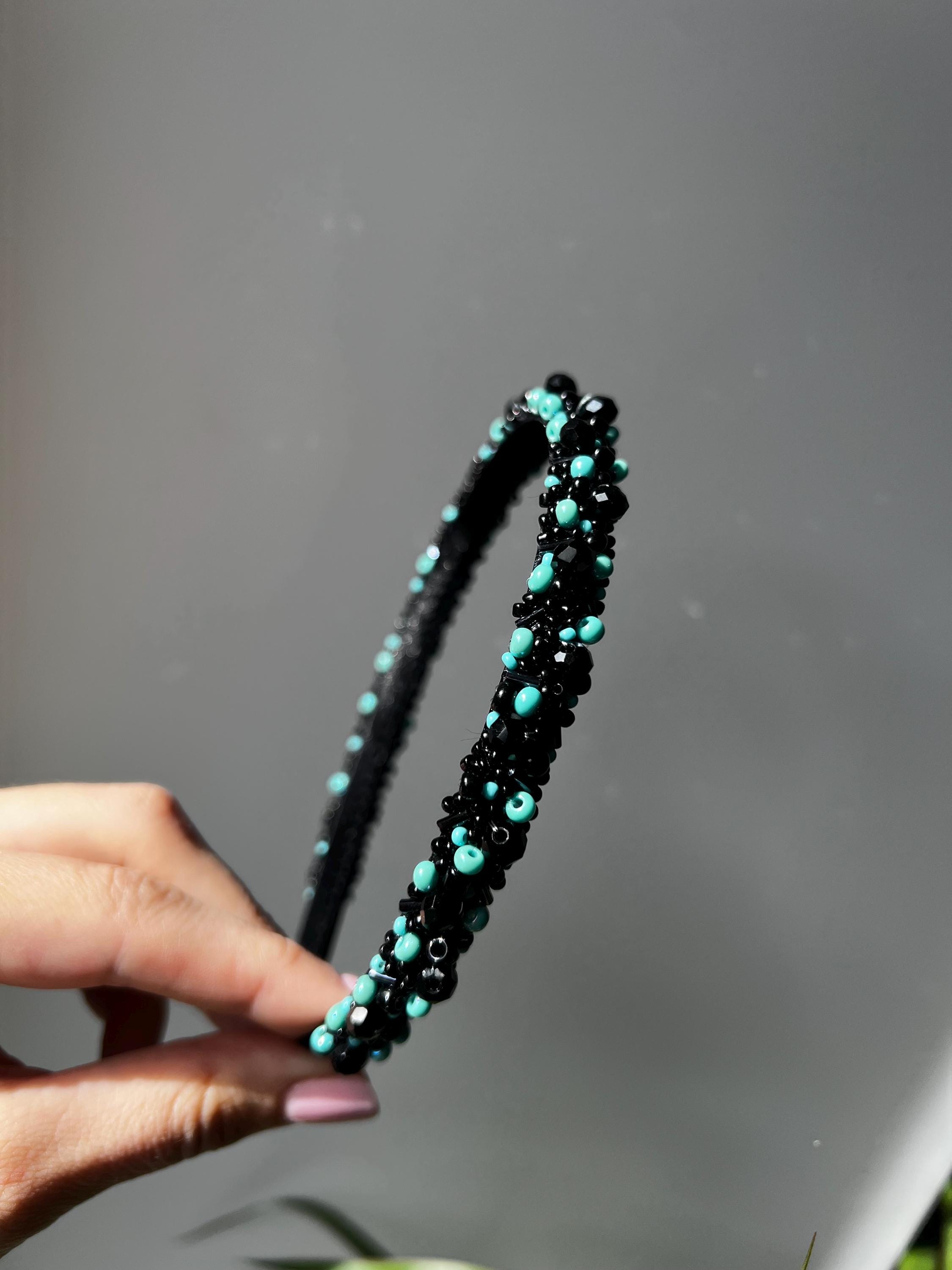 Black and Turquoise Beaded Headband | Chic Handmade Hair  display picture 3
