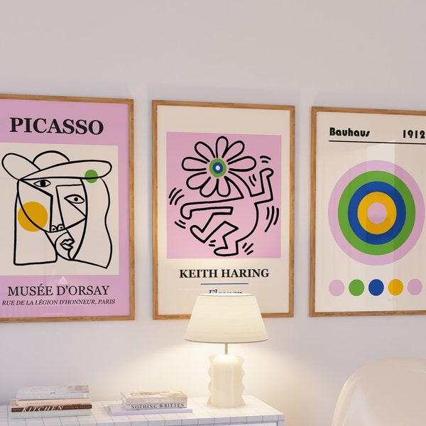 Picasso print set, trendy appartement kunst aan de muur, galerij muur set roze, Keith Haring poster groovy, y2k wand decor, tienermeisje kamer prints