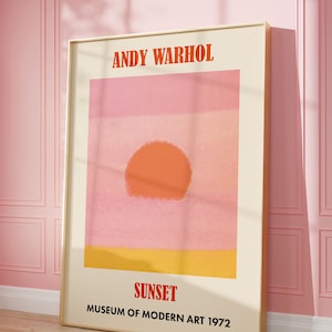 Impresión de puesta de sol de Andy Warhol, decoración de dormitorio naranja rosa, decoración de apartamento rosa, arte de pared de arte pop original, cartel de exposición, regalo para amantes de la playa