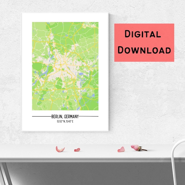 Map of Berlin (Digital Download), Titles and Co-ordinate labelled, multiple sizes, Aesthetic wall art for printing, poster for home, Germany