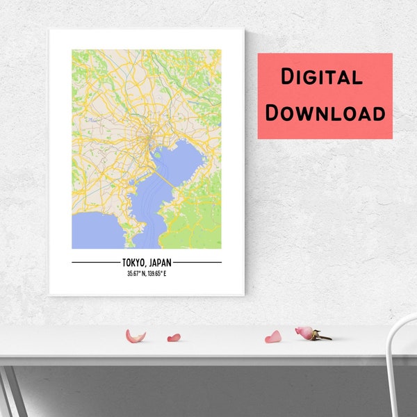 Map of Tokyo (Digital Download), Titles and Co-ordinate labelled, multiple sizes, Aesthetic wall art for printing, poster, Japan