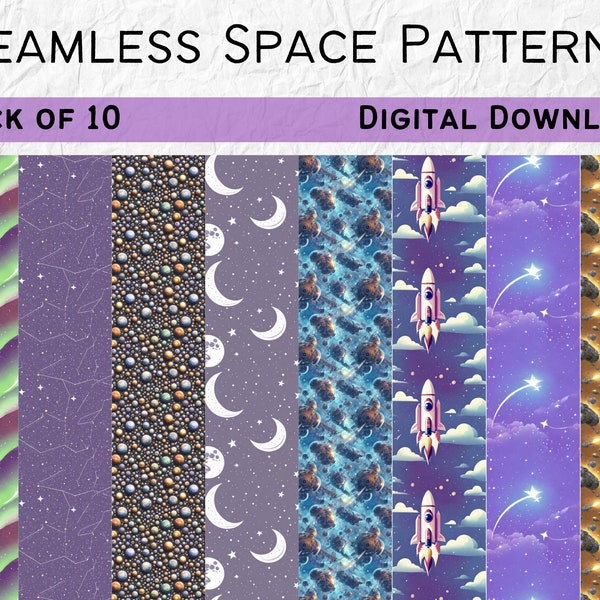 10x Seamless Space Patterns, Planetary Digital Paper Pack, Planets, Stars, Space Ships, 12"x12", 3600x3600px, Printables for Crafts and DIY