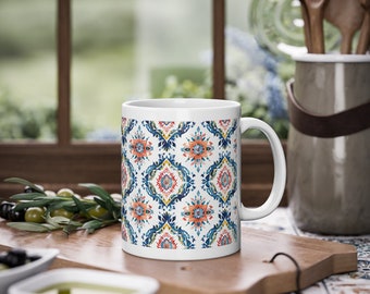 Taza de café con adornos boho estampados coloridos, taza de cerámica con patrón, taza de té, taza de té