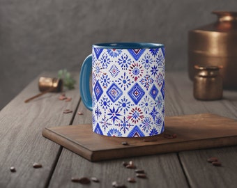 Blau gemusterte Boho Ornamente-Kaffeetasse, Muster-Keramikbecher, Teetasse, Teebecher