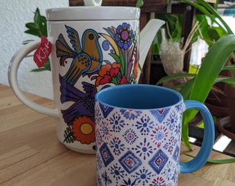 Blau gemusterte Boho Ornamente-Kaffeetasse, Muster-Keramikbecher, Teetasse, Teebecher