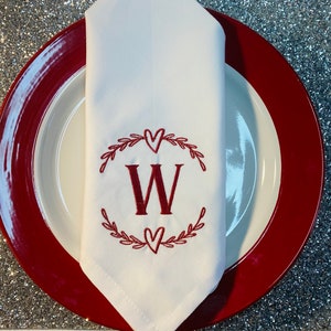 Valentines Monogrammed Dinner Napkin, Sold in a set of 2 or more napkins, 18 x18 inches, Personalized red heart Valentines table napkins.