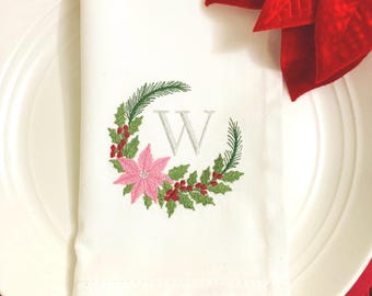 Christmas Embroidered Monogrammed poinsettia wreath napkins