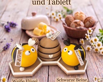 Hummel „ Horstie „ Salz & Pfefferstreuer Set mit Bienenstock Zuckerdose, Waben-Tablett, 3D-Druck Küchendeko, Handgemachtes Geschenk