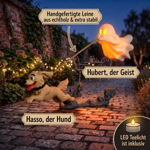 Könnte beinhalten: Ein dekoratives Figurenset bestehend aus einem beigen Hund mit schwarzem Halsband und einem leuchtenden weißen Geist, verbunden durch einen Stab. Der Geist hat gelbe Augen und ein warmes Licht. Textfelder benennen Hasso und Hubert.