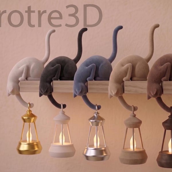 Gato con farol para decoración de estantería – Figura de gato impresa en 3D con vela LED para decoración de estantería – Regalo para amantes de los gatos, luz nocturna para el borde