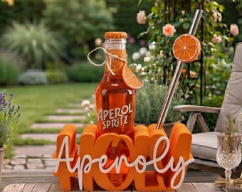 Aperol Geschenkset inkl. Edelstahl Strohhalm mit Topper + 2 Untersetzer, Holy Aperoly,  Geburtstag, Mitbringsel, Aperol Flaschenhalter
