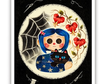 Coraline and Cat Art Print | 8.5&quot; x 11&quot; | Fan Art | Laika | Halloween | Fall Art | Coraline Movie | Whimsigoth Art | Art Prints | Autumn Art