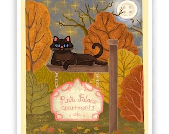 Coraline Art Print, 8.5 x 11, Black Cat Wall Art, Pink Palace Illustration, Laika Fan Art, Halloween Decor, Fall Art