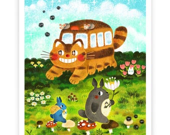 Totoro Art Print, 8.5 x 11, Studio Ghibli Wall Art, Cat Bus Poster, My Neighbor Totoro, Fan Art, Anime Room Decor