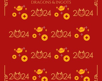 Lunar New Year 2024 Digital Paper | Dragon & Gold ingots coin | Seamless Prints for Wrapping, Scrapbooking, textile, craft instant download