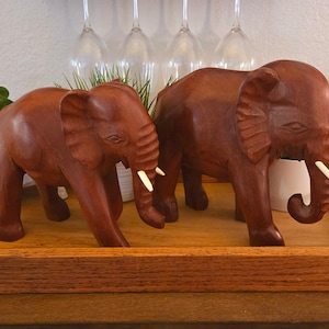 Set of Two Beautiful Hand-Carved Wooden Elephants with Original Tusks | African Art | Tribal Art | Animal Figures | African Safari