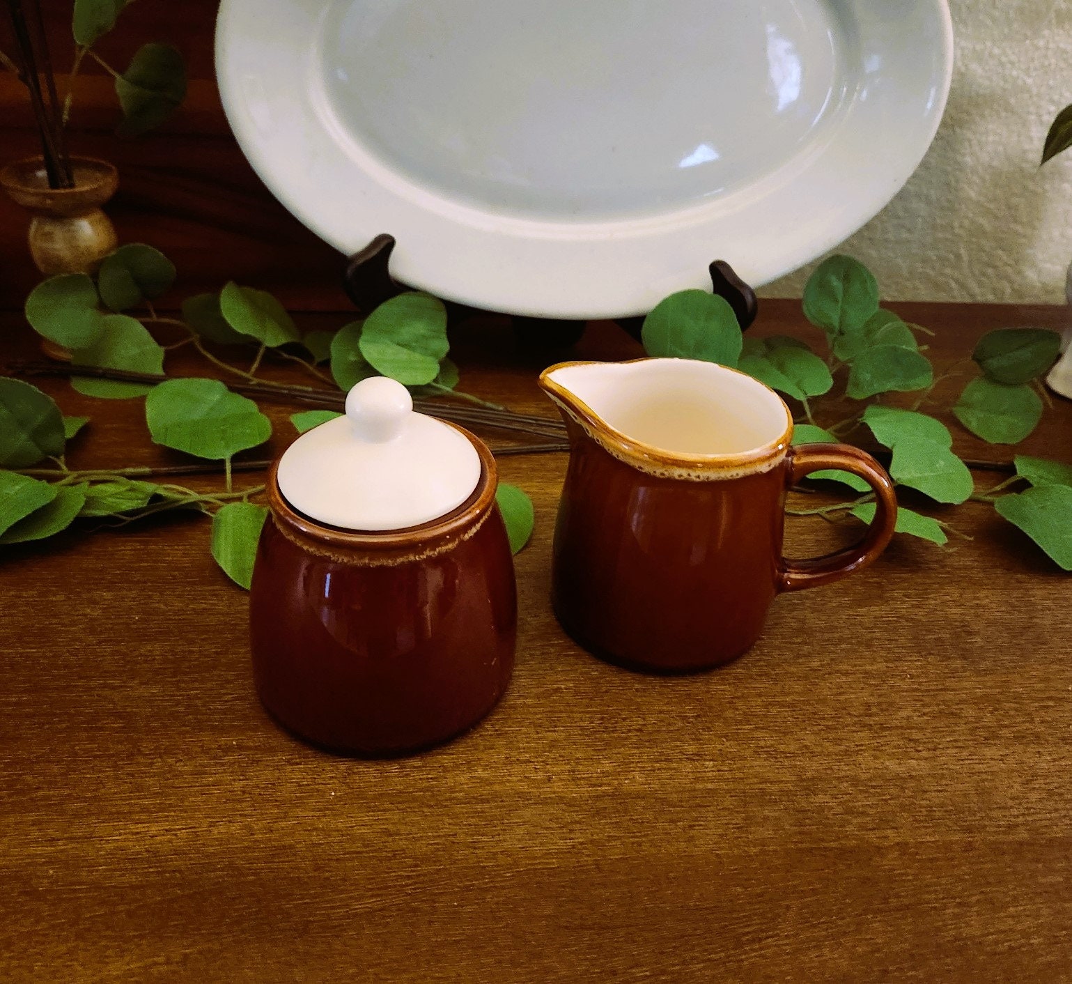Vintage Brown Glazed Pottery Stoneware Cheese Crock | Sugar and Creamer ...