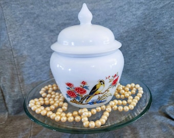 Vintage Avon Milk Glass Jar with Lid, Beautiful Bird and Floral
