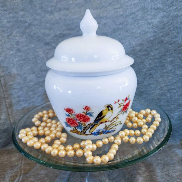 Vintage Avon Milk Glass Jar with Lid, Beautiful Bird and Floral