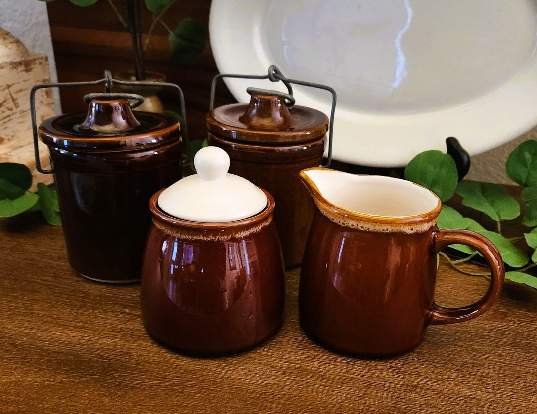 Vintage Brown Glazed Pottery Stoneware Cheese Crock | Sugar and Creamer ...