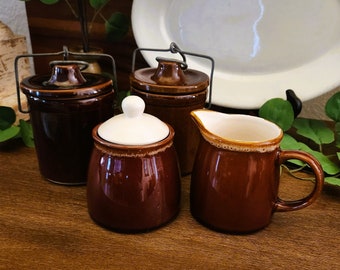 Vintage Brown Glazed Pottery Stoneware Cheese Crock | Sugar and Creamer | Brown Ware | Butter Crock with Bale Clamp | Farmhouse