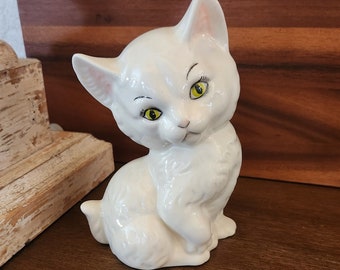 Studio Signed Cat Figurine - Hand Painted and Glazed - Signed DW - for the Cat Lover - Animal Figurine - White Cat Figurine