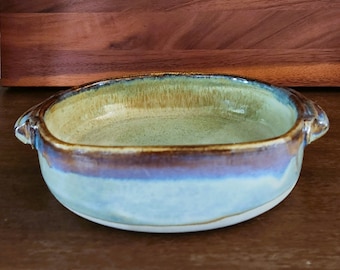 Studio Pottery Stoneware Bowl Signed FJ Drip Glazed Handmade Squarish Bowl | Blue Brown Purple Tones | Jewelry Dish | Coin Bowl | Fruit Bowl