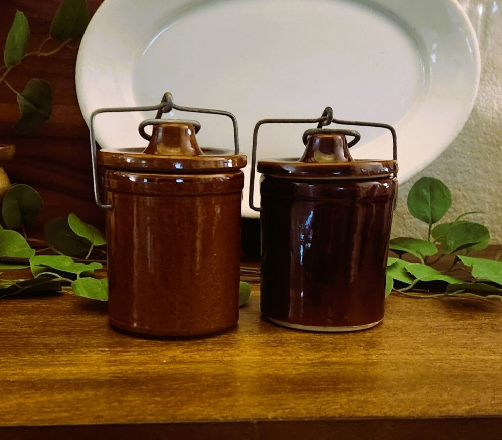 Vintage Brown Glazed Pottery Stoneware Cheese Crock | Sugar and Creamer ...