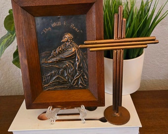 Vintage Jesus Praying at Gethsemane Hammered Copper Picture Wood Frame "Thy Will Be Done" | Cool Old Metal Cross Stand-Alone | 1 of Each
