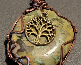 Reversable Rainforest Rhyolite/Jasper Coin Pendant with Tree of Life Charm