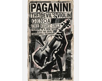 Póster del diablo de Paganini con violín, arte musical gótico vintage, lámina clásica para pared, decoración en blanco y negro, regalo para músicos.