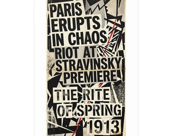 Póster de La consagración de la primavera de Stravinsky, lámina artística de los disturbios de París de 1913, arte mural de música clásica, decoración de historia de la música, collage vintage