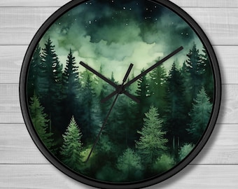 Emerald Green Wall Clock: Silent Wooden Woodland Forest Clock | Nature Pine Tree Art