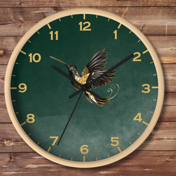 Emerald Wall Clock, Black Hummingbird Wall Clock, Gold and Green Decorative Modern Clock, Emerald Room Decor, Wooden bird clock, Wall Art