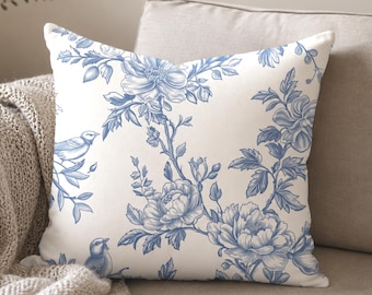 Blue Chinoiserie Bird Pillow: Floral French Country Cushion