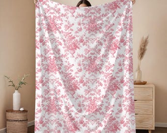 Pink Toile Chinoiserie Velveteen Blanket: French Country Floral Throw | Room Dorm Decor