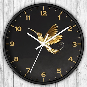 murale colibri dorée : horloge oiseau silencieuse en bois | Cadeau de Noël