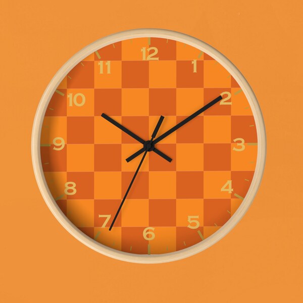 Decorative Wall Clock, Checkered Burnt Orange Clock, Two Tone Orange Wall Clock, Wood Orange Decor, Retro Wall Decor, Multi Color Wall Art