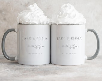 Custom Engagement Mug or Personalized Couple Mug Gift Set | Mr and Mrs Accent Coffee Mug with Established Date and Names | Wedding Gifts