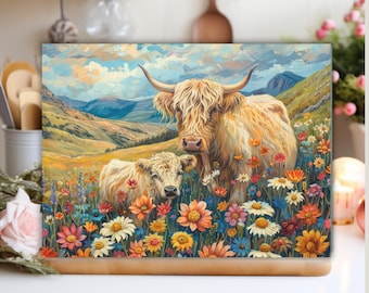 Custom Glass Cutting Board | Highland Cow Kitchen | Monogram Charcuterie Board| Mothers Day Gift