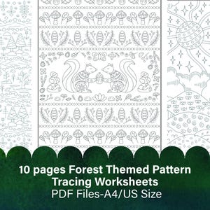 May include: Three forest-themed tracing worksheets with intricate line art designs. The designs include trees, squirrels, mushrooms, and suns. The text at the bottom reads "10 pages Forest Themed Pattern Tracing Worksheets PDF Files-A4/US Size."
