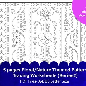 Puede incluir: Hojas de trabajo de trazado de patrones con temas florales y naturales en blanco y negro. La imagen incluye diseños florales y geométricos decorativos. El texto de la imagen dice "5 pages Floral/Nature Themed Pattern Tracing Worksheets (Series2) PDF Files- A4/US Letter Size". Hay una descarga digital disponible.