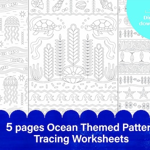 Op de afbeelding: Vijf zwart-wit werkbladen voor het traceren van patronen met oceaanthema. De ontwerpen omvatten kwallen, schildpadden, schelpen, zeewier en zeesterren. De tekst "5 pages Ocean Themed Pattern Tracing Worksheets" staat onderaan.