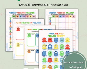 Emotions Poster Bundle for Kids – Printable SEL Tracker & Reflection Charts | Feelings Octopus Map, Daily Check-In, Weekly Tracker