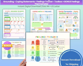 Coping Tools for Kids – Printable SEL Worksheets for Emotional Regulation, Feelings Thermometer, Toolbox & Grounding Technique | Bonus Chart